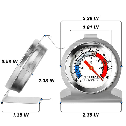 5 Pack Refrigerator Thermometers With 2 Inch Dial, Stainless Steel, Mechanical No Battery Readout, Hanging Or Standing Mount, Perfect For Fridge And Cooler, -20 To 80 F And -30 To 30 C With Red Indicator, Quick Clear Temperature Check, shown front and side with dimensions