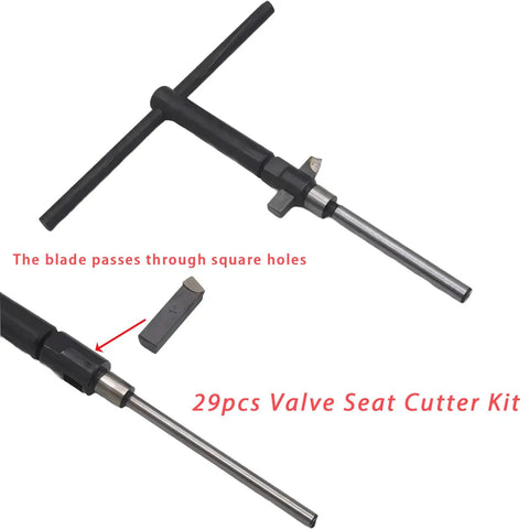 Pro Grade 29 Piece Universal Valve Seat Cutter Kit With Carbide Tipped Blades And Arbors For 22 To 63mm Valves shown with T-handle