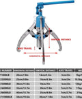 Heavy Duty Hydraulic Gear Puller And Adjustable Bearing Separator features a 3-jaw setup with adjustable dimensions, ideal for auto projects.