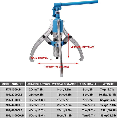 Heavy Duty Hydraulic Gear Puller And Adjustable Bearing Separator features a 3-jaw setup with adjustable dimensions, ideal for auto projects.