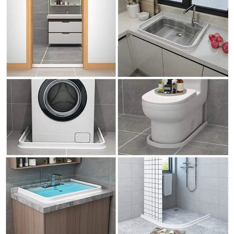 Collapsible 67 Inch Shower Threshold Water Dam Barrier for wet dry separation, visible around sinks, toilets, and showers in home.