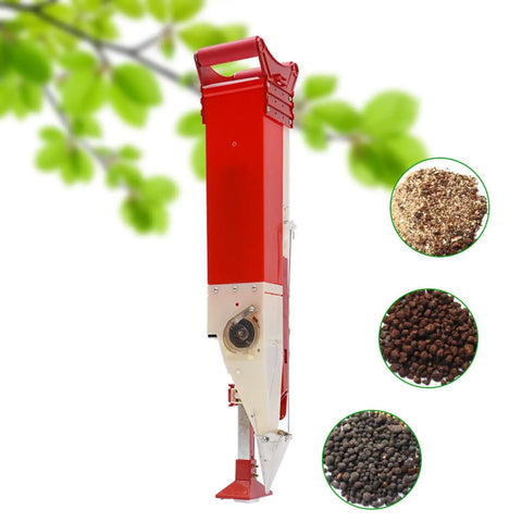 Easy To Use Adjustable Fertilizer Spreader Tool For Gardens And Lawns, Portable Single Barrel Fertilizer Applicator, Durable Plastic Garden Fertilizer Dispenser For Vegetables, Backyard No Spill Fertilizing Helper shown with fertilizer pellets.