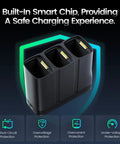 3 Slot Fast Charging Drone Battery Dock With Grab And Go Storage And Power Bank, USB C QC3.0 Hub For HS900 Batteries, Compact Portable Charging Station For HS900 Pro showing built-in smart chip with protection features.