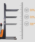 Battery Powered Electric Pallet Stacker Truck With Walk Behind Hydraulic Lift showing side profile and height measurements for warehouse use.