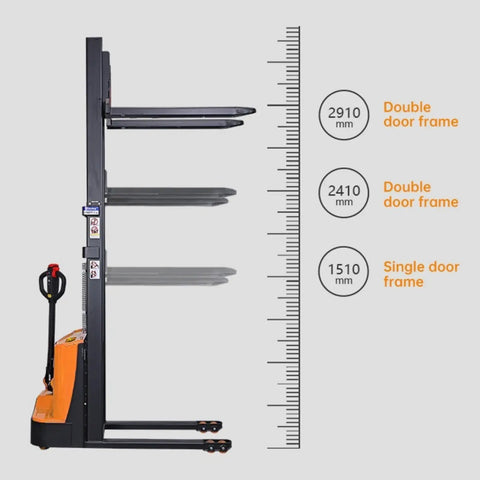 Battery Powered Electric Pallet Stacker Truck With Walk Behind Hydraulic Lift showing side profile and height measurements for warehouse use.