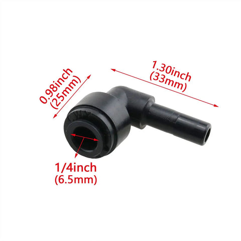 Five Pack One Quarter Inch Tubing Elbow Fittings Black 90 Degree Push To Connect Water Pipe Connectors dimensions in image