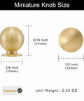 Easy Install Real Deal Solid Brass Mini Knobs 5 Pack Measure a True 1/2 Inch for Crafting DIY Hobbies Jewelry Boxes and Tiny Furniture With Top Shelf Grip and Warm Touch, showing knob size and screw details.