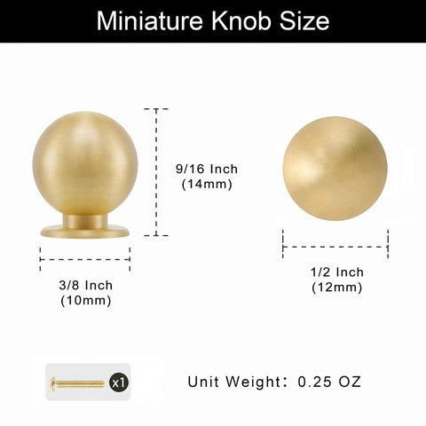 Easy Install Real Deal Solid Brass Mini Knobs 5 Pack Measure a True 1/2 Inch for Crafting DIY Hobbies Jewelry Boxes and Tiny Furniture With Top Shelf Grip and Warm Touch, showing knob size and screw details.