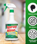 Heavy Duty Cleaner Degreaser And Disinfectant All In One For Kitchens Bathrooms Tools Engines Vinyl Stainless Steel Plastic Rubber And Industrial Surfaces 32 Fl Oz Sanitize In 10 Seconds And Knock Out Tough Grease bottle on wooden surface, features include grease removal and bacteria control.