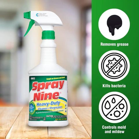 Heavy Duty Cleaner Degreaser And Disinfectant All In One For Kitchens Bathrooms Tools Engines Vinyl Stainless Steel Plastic Rubber And Industrial Surfaces 32 Fl Oz Sanitize In 10 Seconds And Knock Out Tough Grease bottle on wooden surface, features include grease removal and bacteria control.