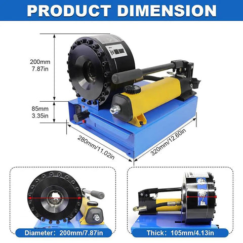 Heavy Duty Hydraulic Hose Crimper With Seven Die Sets Straight Up Portable Crimping Tool dimensions showing 200mm diameter and 320mm length.