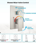 Control panel for Brushed Nickel Wall Mount Shower Faucet Set With 12 Inch Square Rainfall Showerhead, temperature, and flow settings.