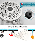 6-setting handheld chrome shower head with 4.7-inch head and 59-inch hose; adjustable holder; silicone nozzles.