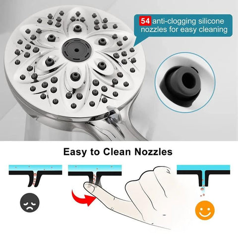 6-setting handheld chrome shower head with 4.7-inch head and 59-inch hose; adjustable holder; silicone nozzles.