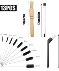 Natural Wood Nylon Coffee Brush Set, 13-Piece Espresso Machine Cleaner Kit with various brushes and dimensions shown.