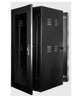 Top Shelf Secure 12U Wall Mount Server Cabinet Featuring Slick Hella Spacious 24 Inch Deep Polycarbonate Front Door And Sleek Matte Black Finish with door open.
