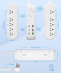 All In One Power Strip Surge Protector With USB C PD, 10 wide spacing outlets, 3 USB and 3 USB C ports, flat plug, 6ft cord