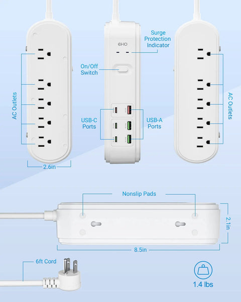 All In One Power Strip Surge Protector With USB C PD, 10 wide spacing outlets, 3 USB and 3 USB C ports, flat plug, 6ft cord