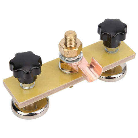 Heavy Duty Magnetic Ground Wire Clamp For Welding With Insulated Holder To Keep Workshop Repair And Metal Fabrication Projects Connected And Squeaky Clean, featuring a brass connection and black knobs.