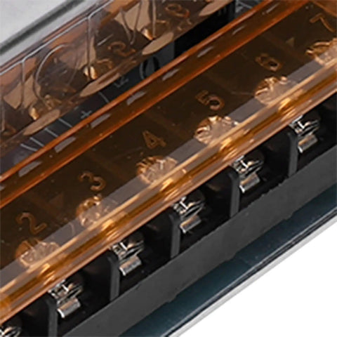 Close-up of terminal connections of 24V DC Power Supply Driver For LED Strip Lights And 3D Printers, 100W Output, Aluminum Alloy Enclosure