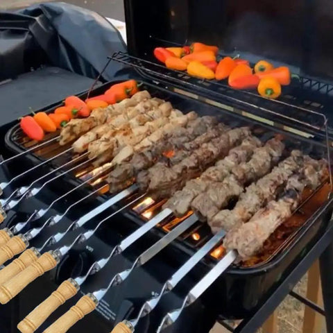 12 Pack 22 Inch Stainless Steel Kabob Skewers With Wide Reusable Nonslip Wooden Handles Heavy Duty BBQ Skewers in grill