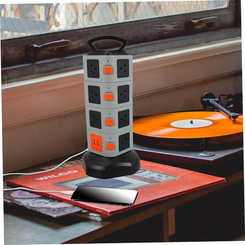 Heavy Duty Usb Power Strip With Secure Outlet Protectors Multi Port Smart Charger Fireproof Build For Phones Tablets Heavy Load Built Tough Quick Charge Hub on a desk next to a phone and vinyl records.
