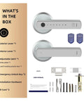 No Sweat Smart Lock Keyless Entry Door Lock Biometric Fingerprint Scanning Electronic Keypad Deadbolt For Interior Doors contents including levers, keys, and installation hardware.