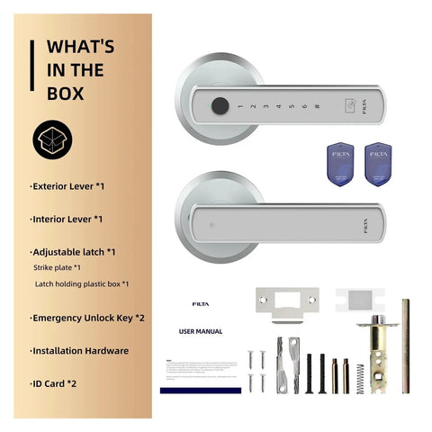 What's in the box for Slick Smart Keyless Entry Door Lock Featuring Lightning Fast Fingerprint Recognition, includes levers and hardware.