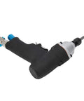 Compact Pneumatic Air Impact Wrench With 40Nm Kick And Double Hammer Setup, 12000 RPM Zero Fuss Workhorse For Furniture Assembly And Handyman Tasks Featuring Seesaw Switch side view with black handle and blue fittings.