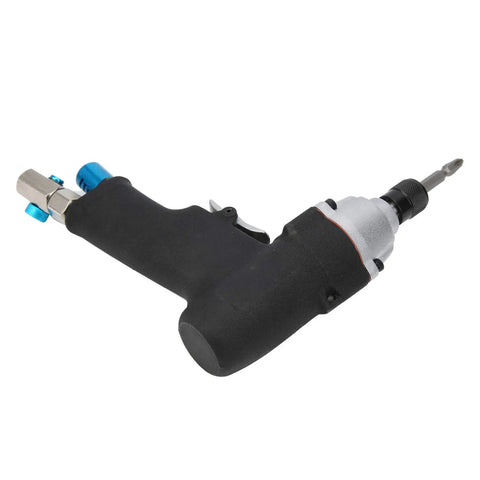 Compact Pneumatic Air Impact Wrench With 40Nm Kick And Double Hammer Setup, 12000 RPM Zero Fuss Workhorse For Furniture Assembly And Handyman Tasks Featuring Seesaw Switch side view with black handle and blue fittings.