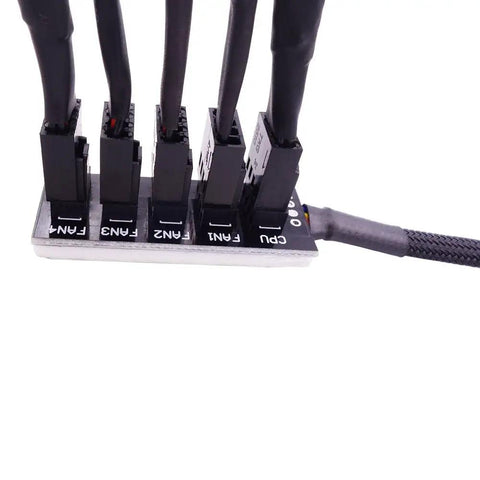 Close-up of Five Way Fan Hub Splitter Cable For Desktop PCs PWM 4 Pin And 3 Pin Fans Power Extension Cord Adaptor
