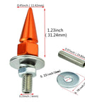 Spike Style License Plate Screws Anti Theft Fasteners Kit for Cars Trucks and Motorcycles Aluminum Bolt Hardware 4 Pack with Mounting Accessories Easy Install Durable Rust Resistant Bright Orange showing dimensions and components