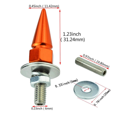 Spike Style License Plate Screws Anti Theft Fasteners Kit for Cars Trucks and Motorcycles Aluminum Bolt Hardware 4 Pack with Mounting Accessories Easy Install Durable Rust Resistant Bright Orange showing dimensions and components