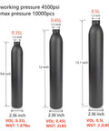 Three sizes of 0.5L Aluminum PCP Air Tank For Airguns, Paintball, And Hunting, High Pressure HPA Cylinder With 4500 PSI Max, M18x1.5-6H Thread, 0.45L With Adapter displayed with volume and weight measurements.