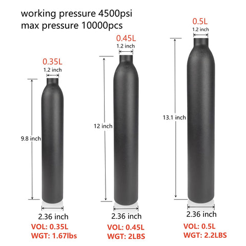 Three sizes of 0.5L Aluminum PCP Air Tank For Airguns, Paintball, And Hunting, High Pressure HPA Cylinder With 4500 PSI Max, M18x1.5-6H Thread, 0.45L With Adapter displayed with volume and weight measurements.