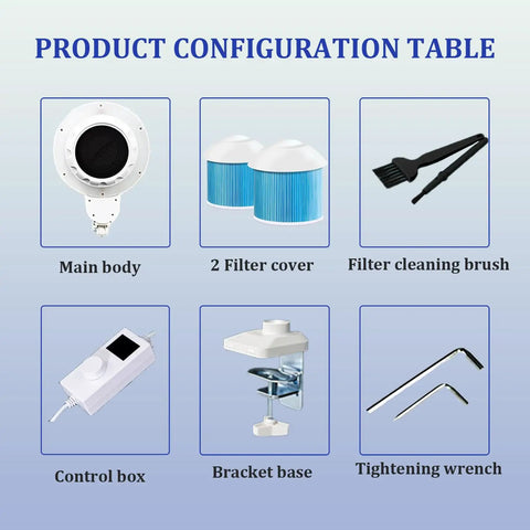 Game Changing Nail Dust Extractor With Bright Dimmable Led Lamp And Tunable Suction Power showing components and filters.
