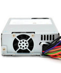 Rear view of Badass 350W Atx Power Supply with cooling fan and colorful cables for efficient PC operation.