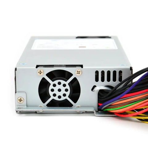 Rear view of Badass 350W Atx Power Supply with cooling fan and colorful cables for efficient PC operation.