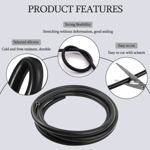 Pro Grade Silicone Vacuum Hose 10 Ft Long One Eighth Inch ID 3mm Black Tubing For Engine Bay Air And Water Lines 130 PSI Burst Pressure High Temp visible coiled with scissors cutting demonstration