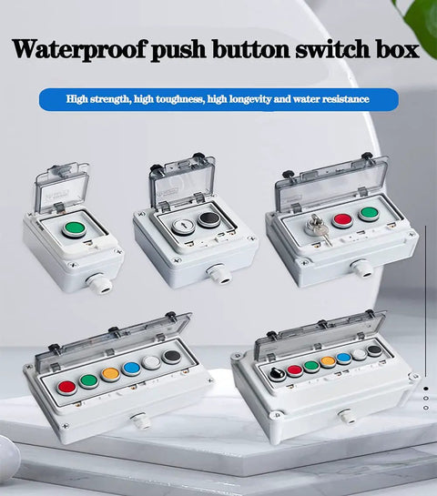 Emergency Stop Button Box With IP67 Waterproof Enclosure Durable ABS Case various button configurations front view