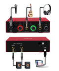 USB Audio Interface For PC With 24 Bit 192 KHz Resolution Plug And Play XLR Input 48V Phantom Power, showing setup with mic and guitar connections.