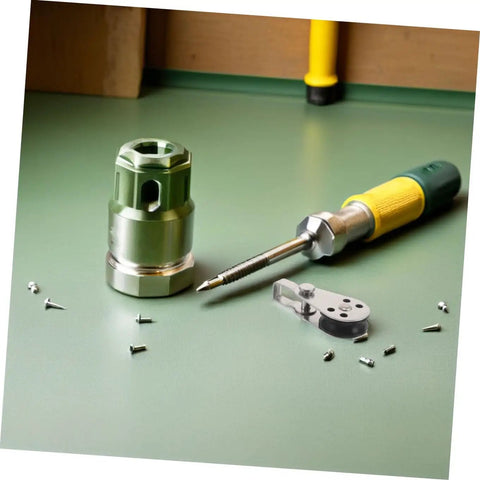 Tools on table including drill bit and screws for Stainless Steel Pulley Block Set With Marine Bearings And Roller Wheel Swivel Hardware For Kayak And Sailboat Heavy Duty Rope Sailing Accessories For Boating And Anchoring Gear.