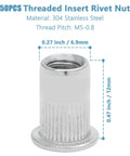 50 Pack M5 304 Stainless Steel Rivet Nuts, Flat Head Knurled Threaded Insert, 12mm length, for automotive and DIY use.