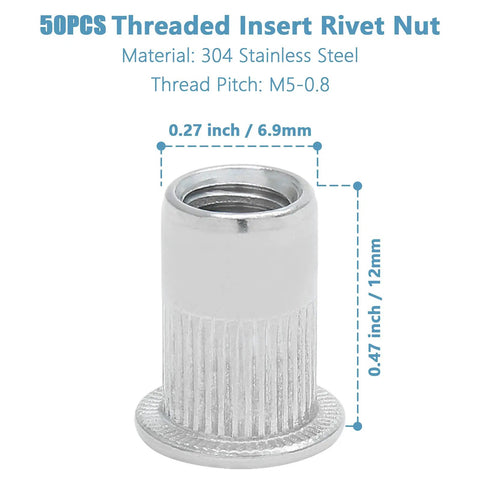 50 Pack M5 304 Stainless Steel Rivet Nuts, Flat Head Knurled Threaded Insert, 12mm length, for automotive and DIY use.