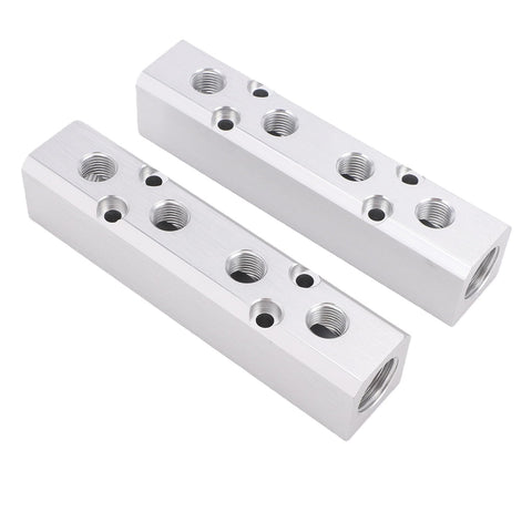 Two aluminum 4 Way 6 Port Air Manifolds for Pneumatic Systems, showing 1/4 Inch NPT outputs and 1/2 Inch NPT supply ports