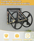 Triangle Wall Mounted Garden Hose Reel System with steel frame, black, built-in storage basket, on white wall