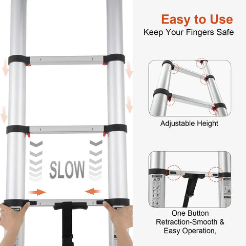 Close-up of 8.5ft telescoping extension ladder demonstrating one-button retraction mechanism and adjustable height feature.