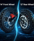 Beast 3000W Electric Dirt Bike For Teens And Adults 40 MPH Top Speed 53 Mile Range 48V 23Ah Battery 14 And 12 Inch Tires Dual Disc Brakes Full Suspension Off Road Ride front and rear wheel detail