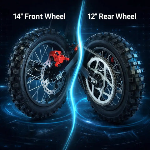 Beast 3000W Electric Dirt Bike For Teens And Adults 40 MPH Top Speed 53 Mile Range 48V 23Ah Battery 14 And 12 Inch Tires Dual Disc Brakes Full Suspension Off Road Ride front and rear wheel detail