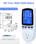 Power Meter Plug For Home Energy Monitoring With Backlit Display Tracks Watts Kilowatt Hours Volts Amps Hertz Power Factor Cost And Time Min Max Power 7 Display Modes Overload Protection, front view